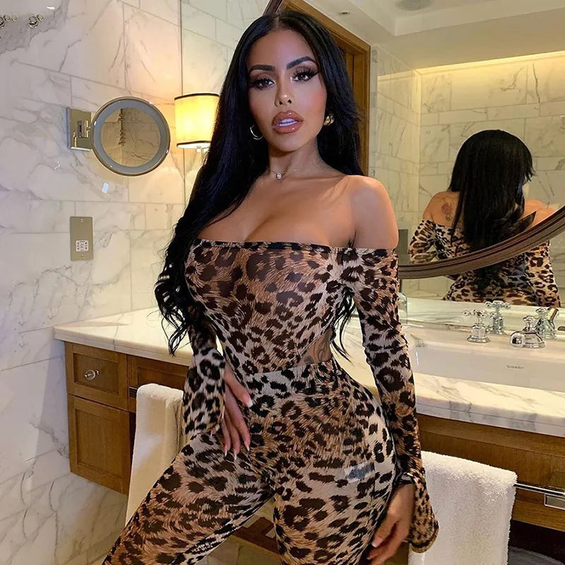 BKLD 2026 Autumn Women Clothing New Sexy Leopard Print Bodysuits High Waist Bodycon Pants Fashion Two Piece Tracksuit Set