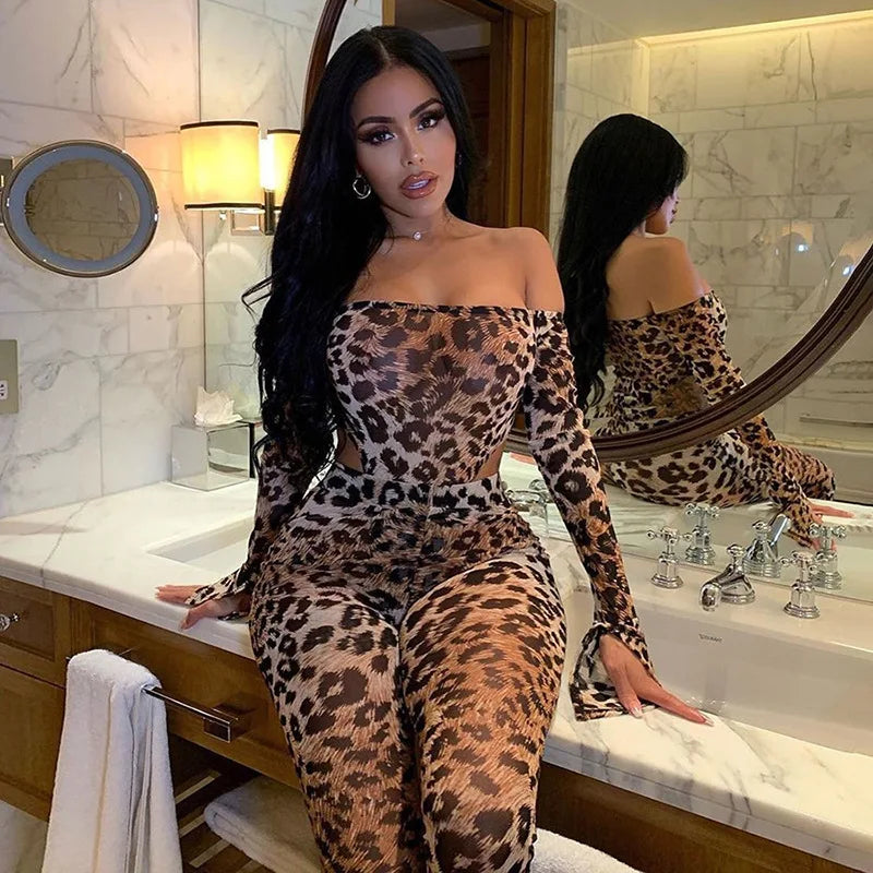 BKLD 2026 Autumn Women Clothing New Sexy Leopard Print Bodysuits High Waist Bodycon Pants Fashion Two Piece Tracksuit Set