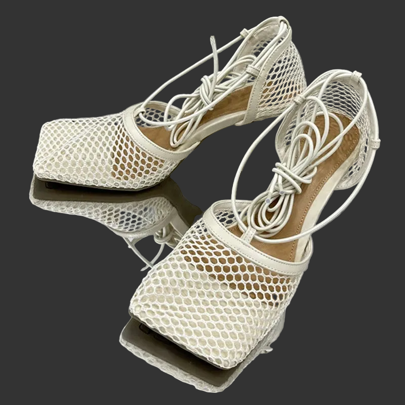 Eilyken Sexy Mesh Pumps Sandals Female Square Toe High Heel Lace Up Cross-Tied Stiletto Hollow Dress Shoes Zapatos Mujer