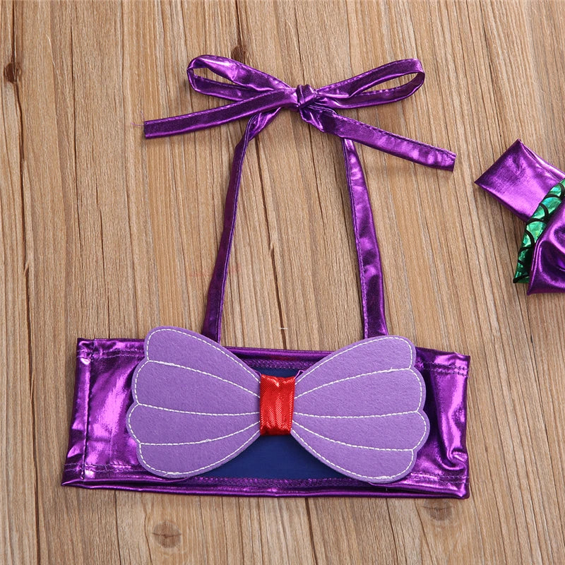 VISgogo 3Pcs Girls Mermaid Bikini Set Lace Up 3D Swimsuits Triangle Briefs Bowknot Elastic Headband Summer Swimwear Suit