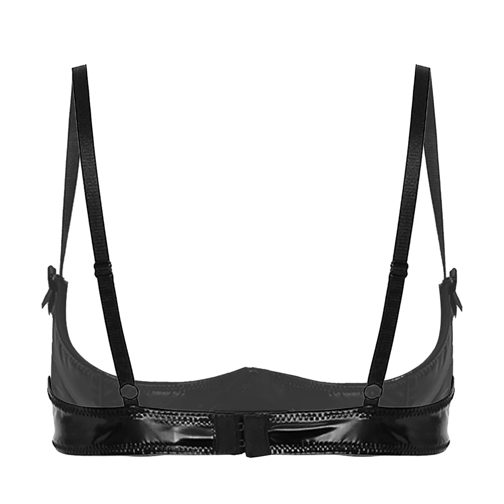 Women Shiny Metallic Leather Underwired Bra Push Up Latex Bras Lingerie Cupless Adjustable Shoulder Straps Unlined Brassiere