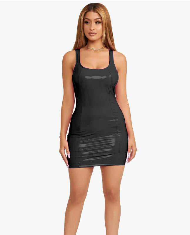2022 color imitation leather dress zipper PU high elastic round neck one-piece short skirt four-sided elastic leather skirt package hip skirt