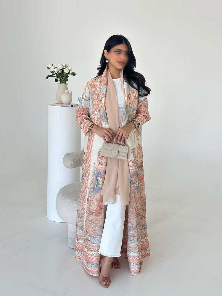 Middle Eastern robes for women Issey Miyake pleated printed cardigan long coat Arab robes large size Abaya