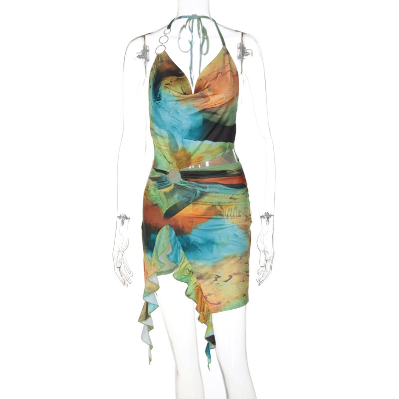 Amazon cross-border women's clothing 2024 summer new fashion print sexy backless lace-up dress foreign trade wholesale