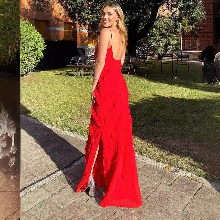 European and American foreign trade women's spring and summer sexy backless sling U-neck off-shoulder wave slim side slit dress long
