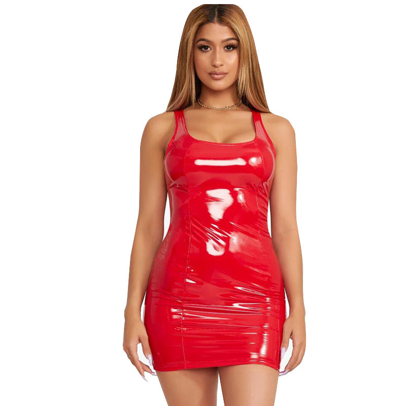 2022 color imitation leather dress zipper PU high elastic round neck one-piece short skirt four-sided elastic leather skirt package hip skirt
