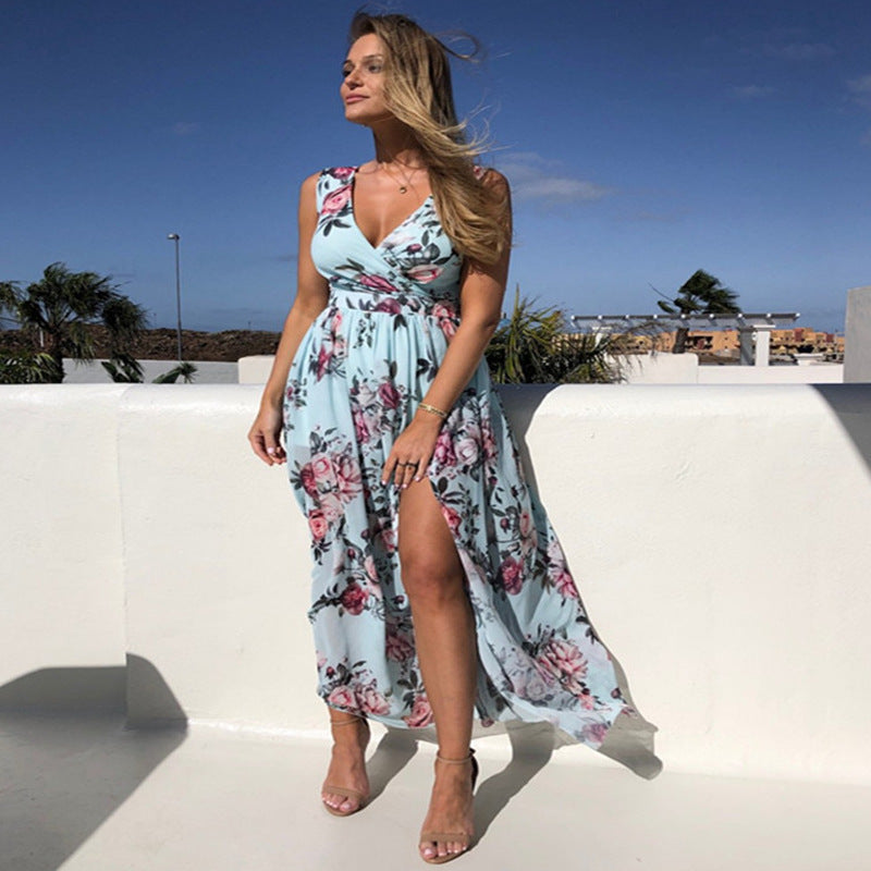 2021 cross-border new spring and summer fashion trend beach European and American printed chiffon sleeveless split V-neck dress