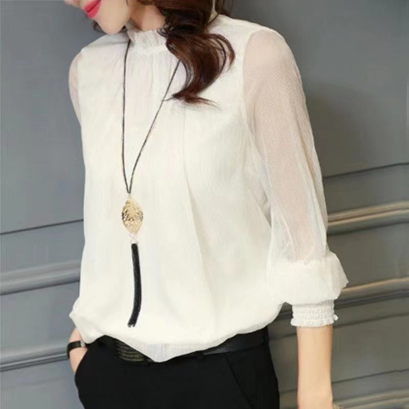 Chiffon shirt women's spring and autumn 2023 new design niche trendy black long-sleeved lace V-neck top women