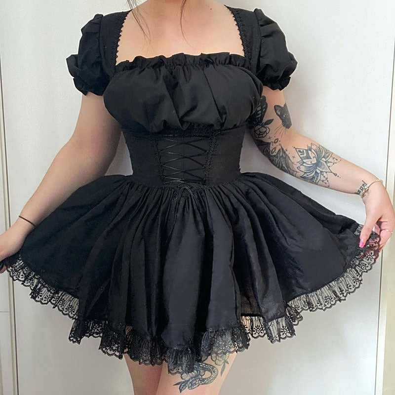 CC21011 one-shoulder lace stitching dress European and American dark style temperament waist slimming fluffy short skirt female