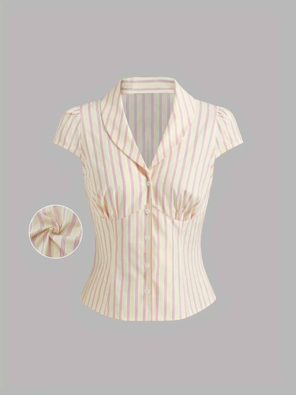 New cross-border European and American style Amazon casual ruched fashion top French women's striped button short-sleeved shirt