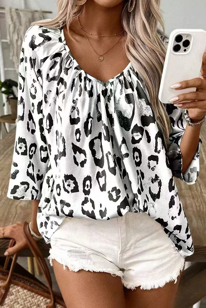 2024 European and American cross-border spring and summer women's clothing temperament commuter tops khaki leopard print large V-neck pleated three-quarter sleeve shirt