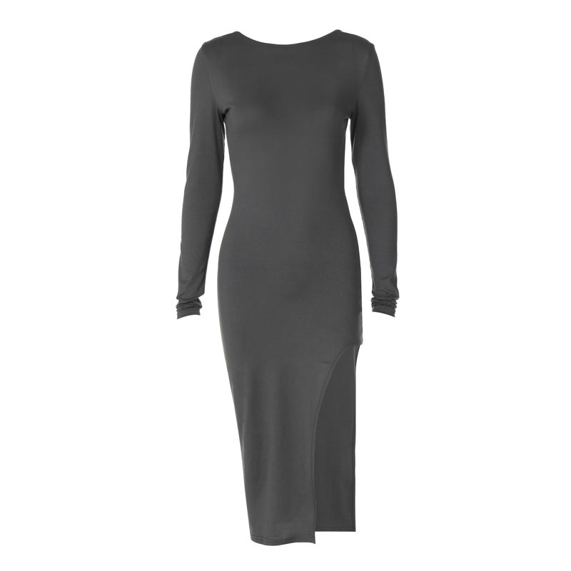 Solid color long-sleeved hip-covering skirt European and American cross-border 2023 winter new women's sexy backless slit dress dropshipping