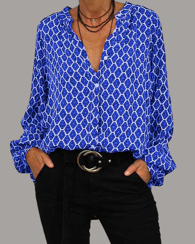 New Amazon independent station cross-border women's clothing foreign trade spring V-neck long-sleeved fashionable and elegant printed T-shirt shirt