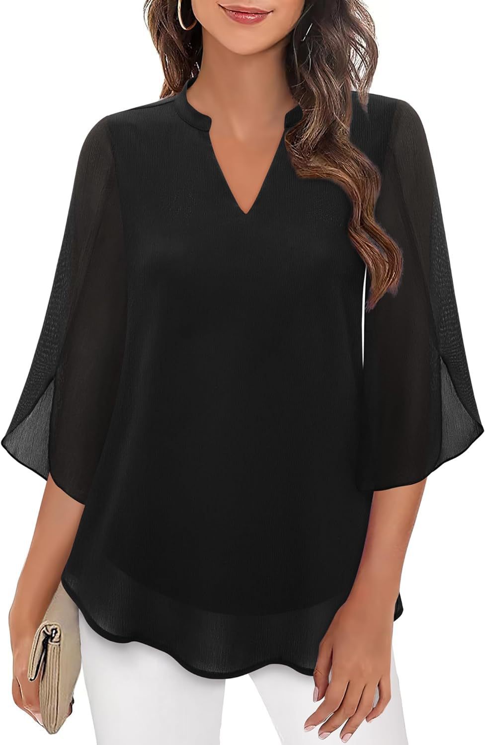 2025 Cross-Border Amazon Casual Summer New European and American Style Women's Petal Sleeve Top Loose V-Neck Chiffon Shirt