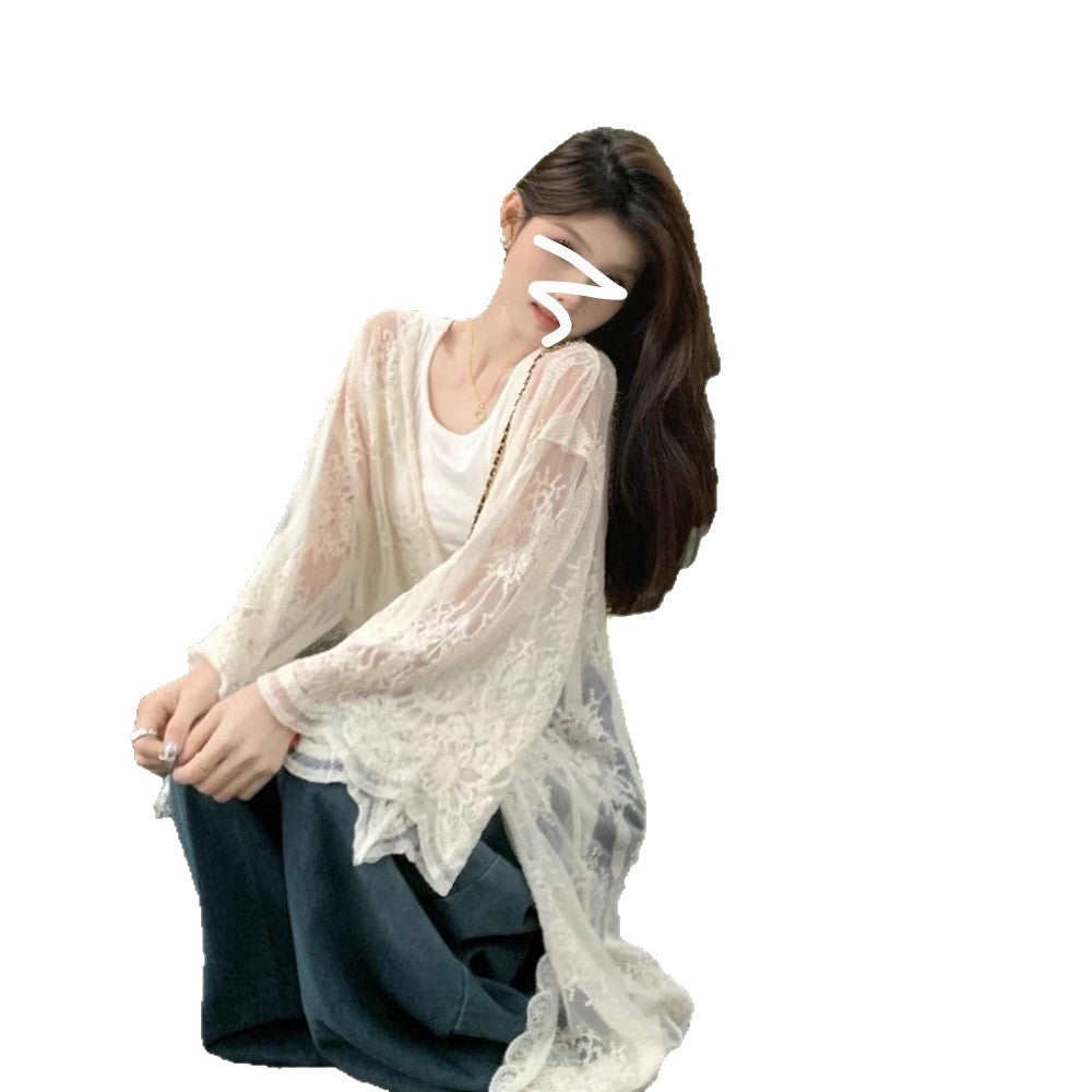 French-style crochet embroidered lace blouse for women, summer vacation style, thin sun protection jacket, loose long-sleeved cardigan, air-conditioned shirt.