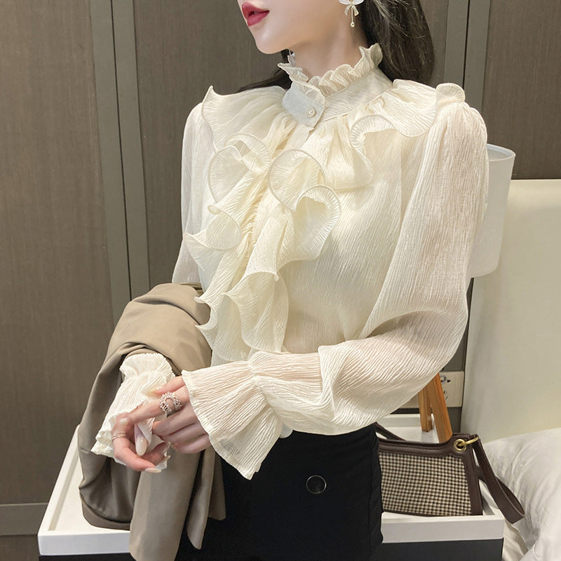 Real shot! 2022 new autumn ruffled long-sleeved chiffon shirt, super comfortable and solid color for commuting and reducing age