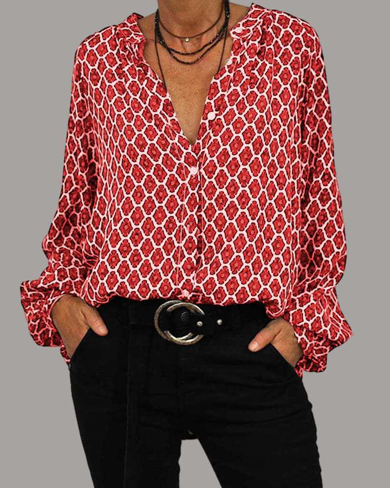 New Amazon independent station cross-border women's clothing foreign trade spring V-neck long-sleeved fashionable and elegant printed T-shirt shirt