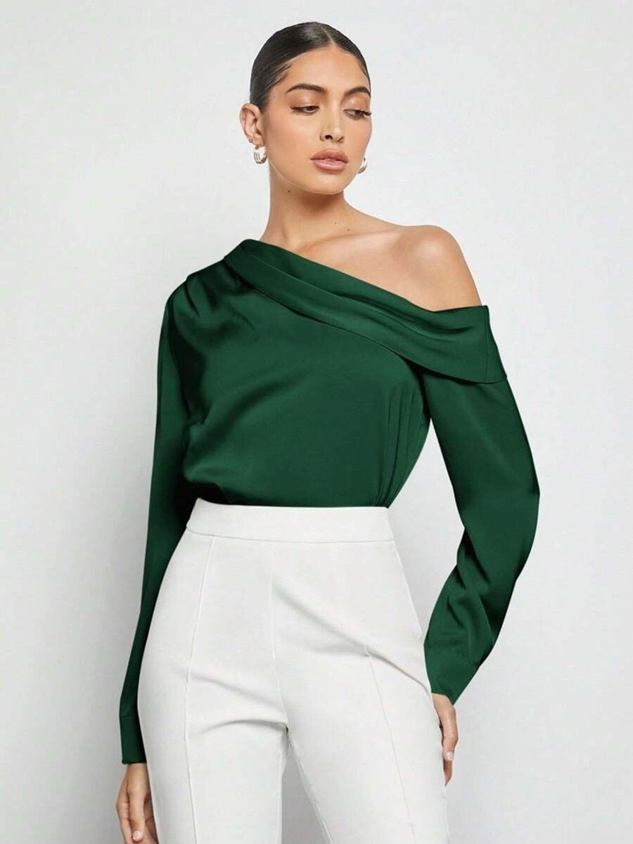 Foreign trade cross-border pleated satin shirt top spring and summer European and American Amazon off-shoulder asymmetrical long-sleeved shirt women's clothing