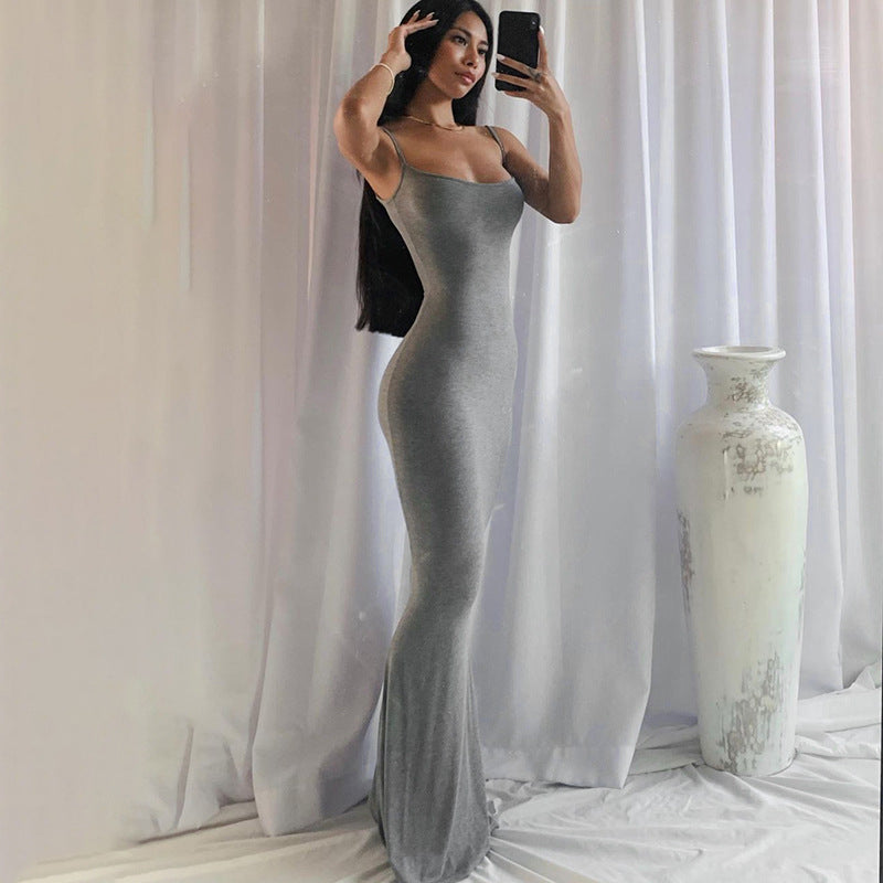 Suspender dress European and American women's clothing high-end pure desire style hip skirt sexy slim milk silk long fishtail skirt