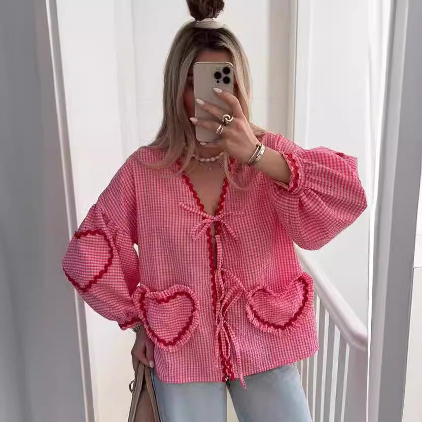 GY25071 Fashion contrast color plaid lantern sleeve top