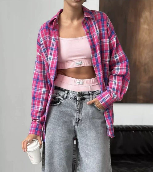 Amazon 2025 Spring and Autumn Cross-border Retro All-match Lapel Loose Shirt #Plaid Long Sleeve Pocket Women's Shirt