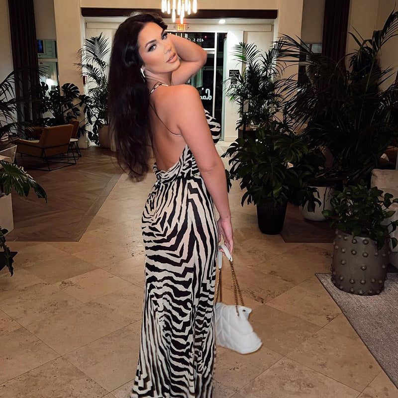 European and American style 2022 new summer fashion print sexy exposed slit suspender dress long skirt women's foreign trade wholesale