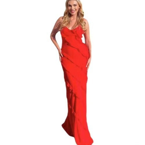 European and American foreign trade women's spring and summer sexy backless sling U-neck off-shoulder wave slim side slit dress long