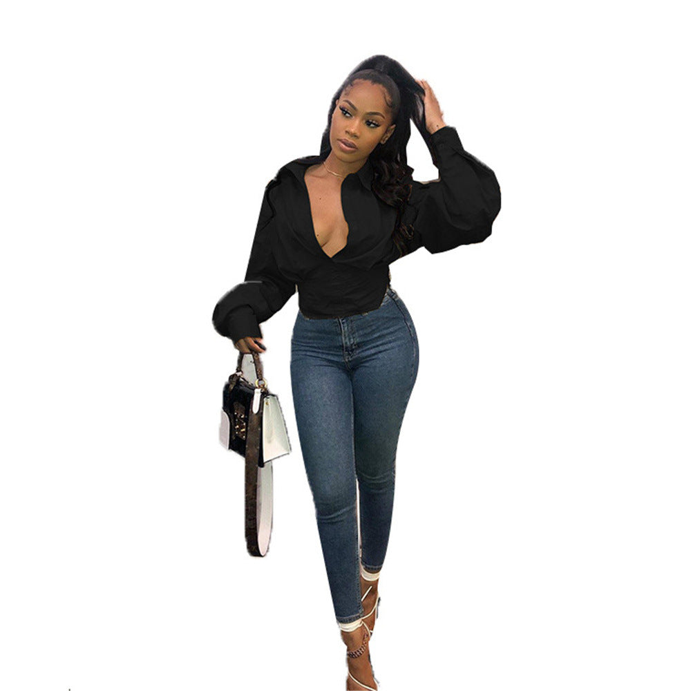 2021 spring and summer new products in Europe and America ebay AliExpress Amazon ladies lapel solid color lantern sleeve loose shirt