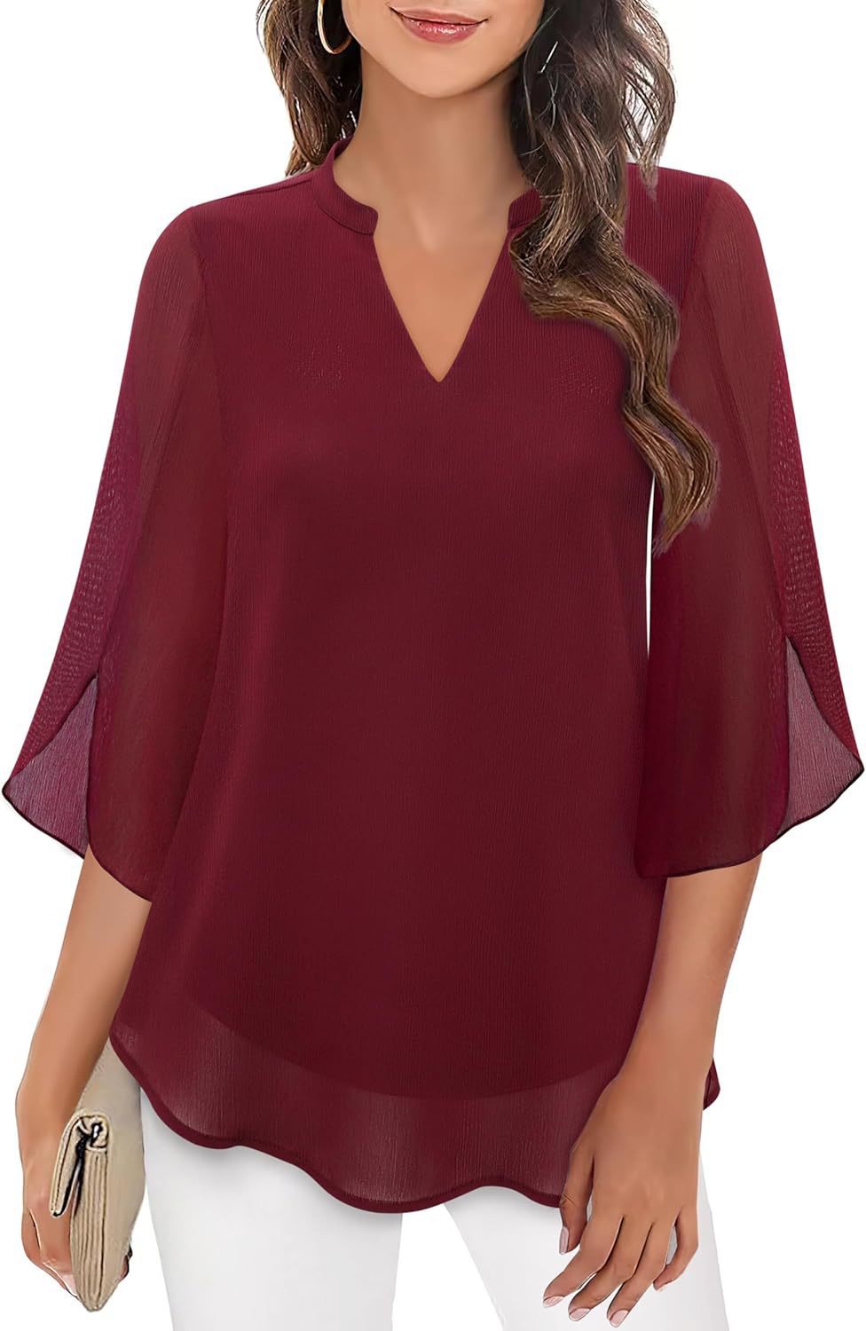 2025 Cross-Border Amazon Casual Summer New European and American Style Women's Petal Sleeve Top Loose V-Neck Chiffon Shirt