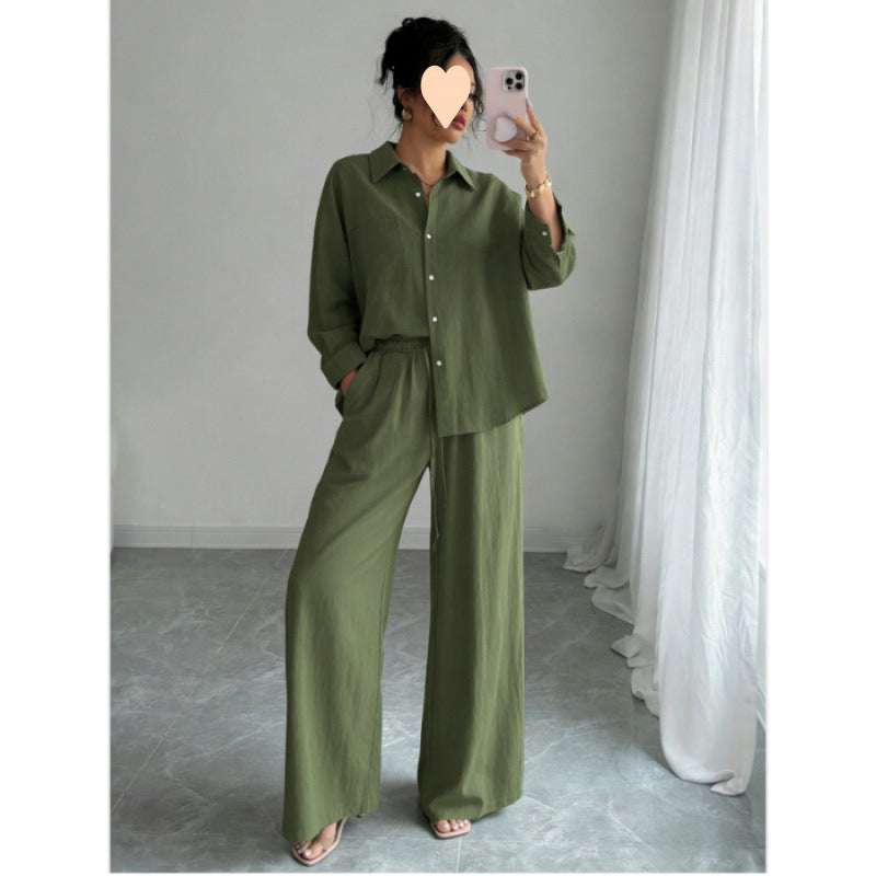 European and American cross-border spring new style elegant fashion women's two-piece set plus size faux linen shirt set high waist loose trousers