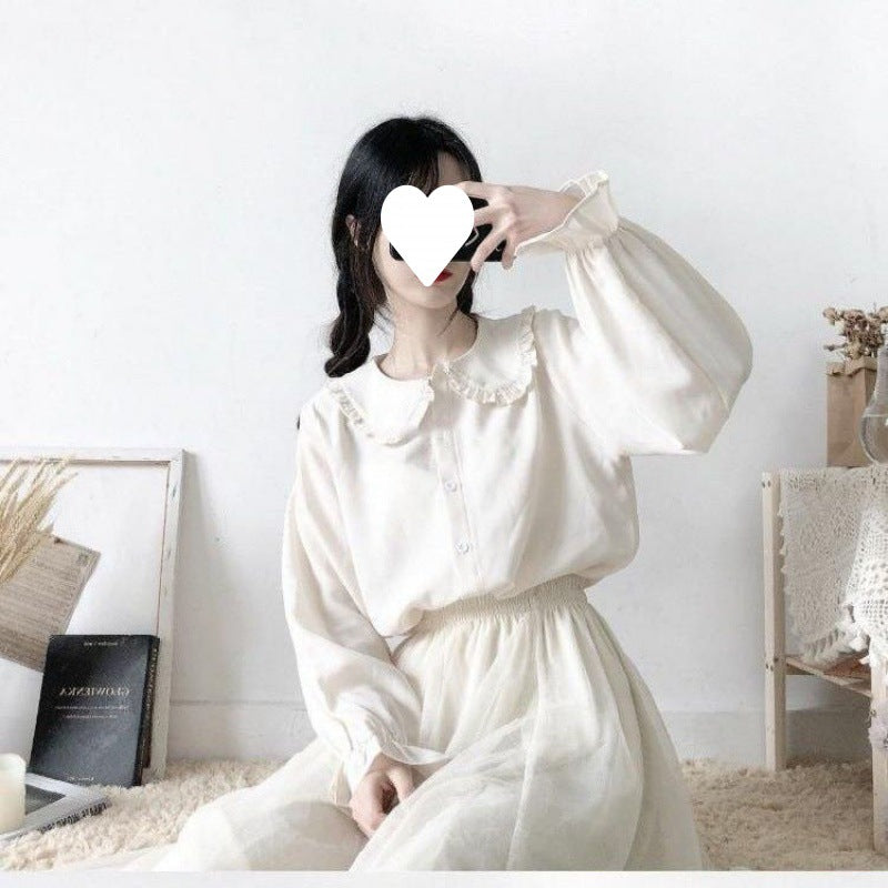 Inner shirt, autumn Japanese style soft girl cute lace doll collar lace-up long-sleeved top as base layer