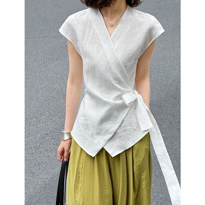 Juzhi Summer New Fashionable Casual Ramie Shirt Women's Irregular Vest Versatile Top 8011-1
