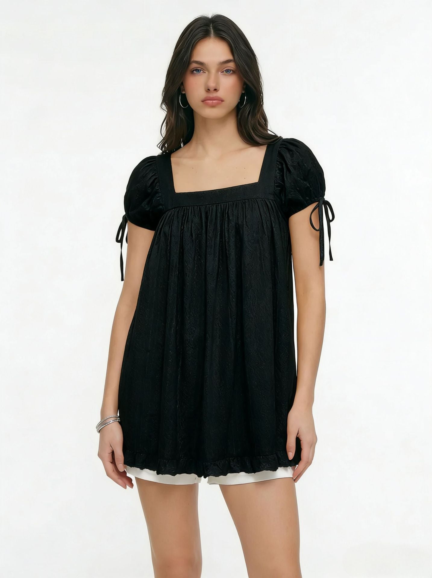 2026 New Cross-Border European and American Amazon Independent Store Women's Casual Square Neck Ruffle Tie Short Sleeve Shirt