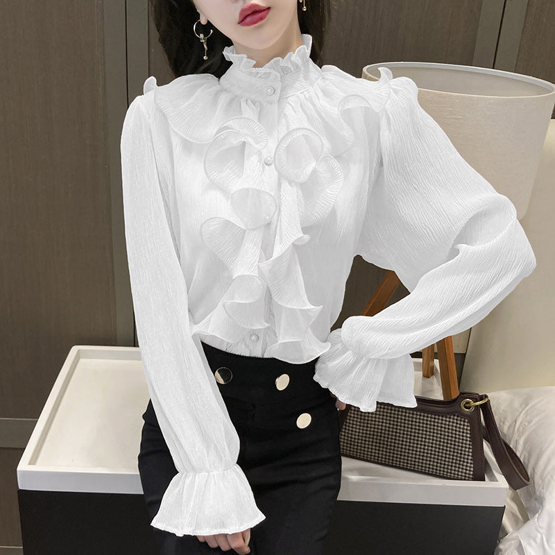Real shot! 2022 new autumn ruffled long-sleeved chiffon shirt, super comfortable and solid color for commuting and reducing age