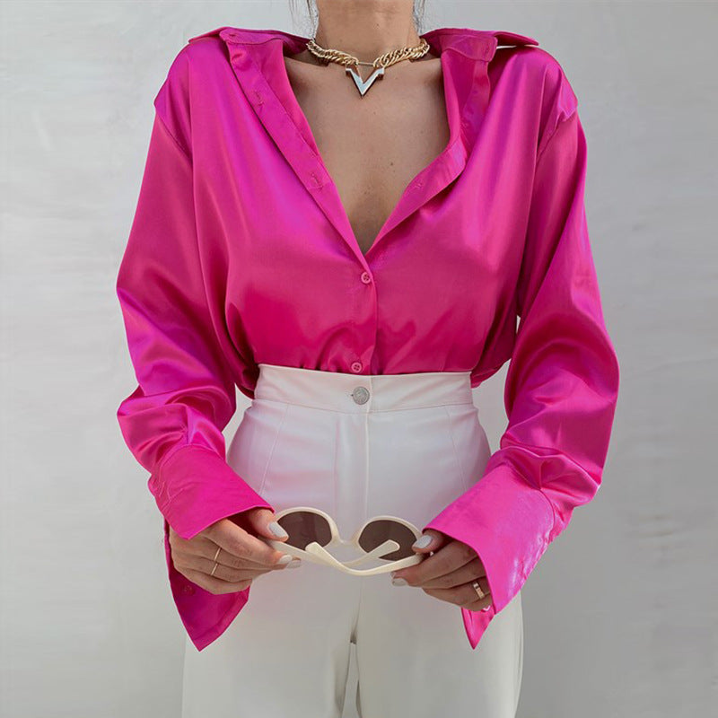 Long-sleeved satin shirt women's spring single-breasted cardigan European and American fashion temperament casual top shirt women's clothing