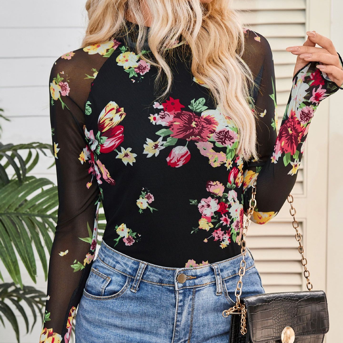 Cross-border e-commerce, Europe and America, Amazon TK2025 best-selling pullover turtleneck long-sleeved lace floral mesh base layer T-shirt for women