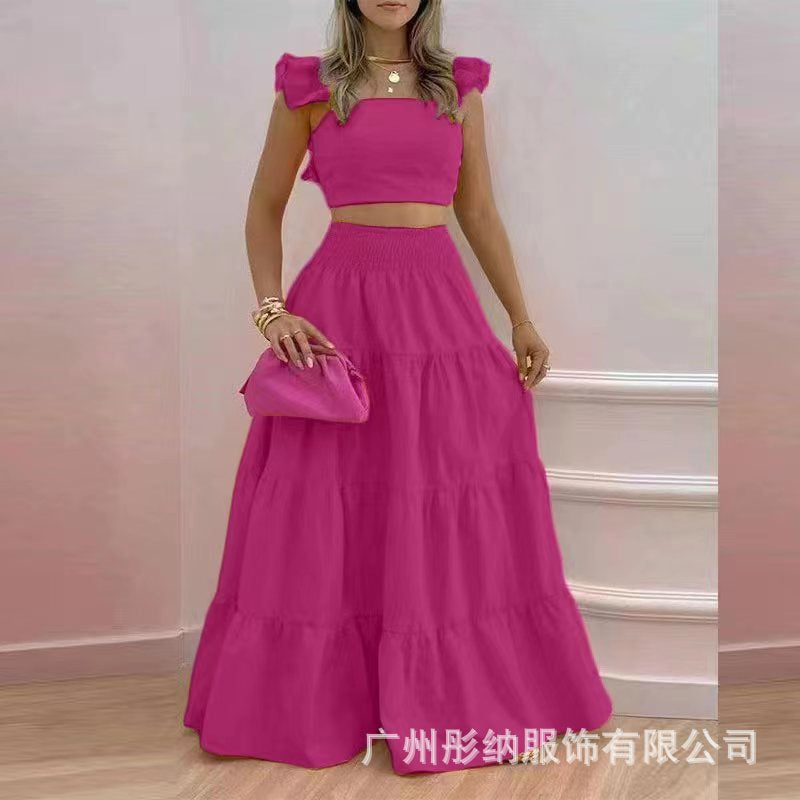 2023 summer European and American cross-border new temperament sexy solid color mid-waist suspenders two-piece suit dress