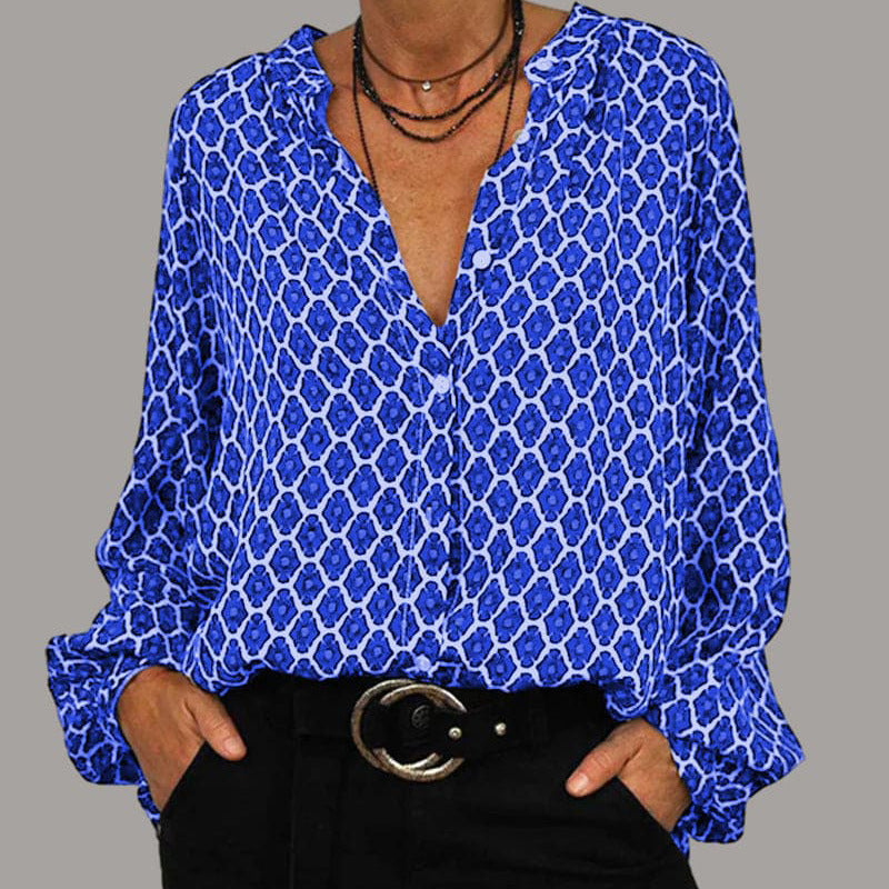 New Amazon independent station cross-border women's clothing foreign trade spring V-neck long-sleeved fashionable and elegant printed T-shirt shirt