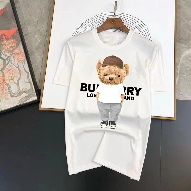 Factory direct stock of trendy new men's T-shirts with bear print, loose fit, crew neck, and sporty design.