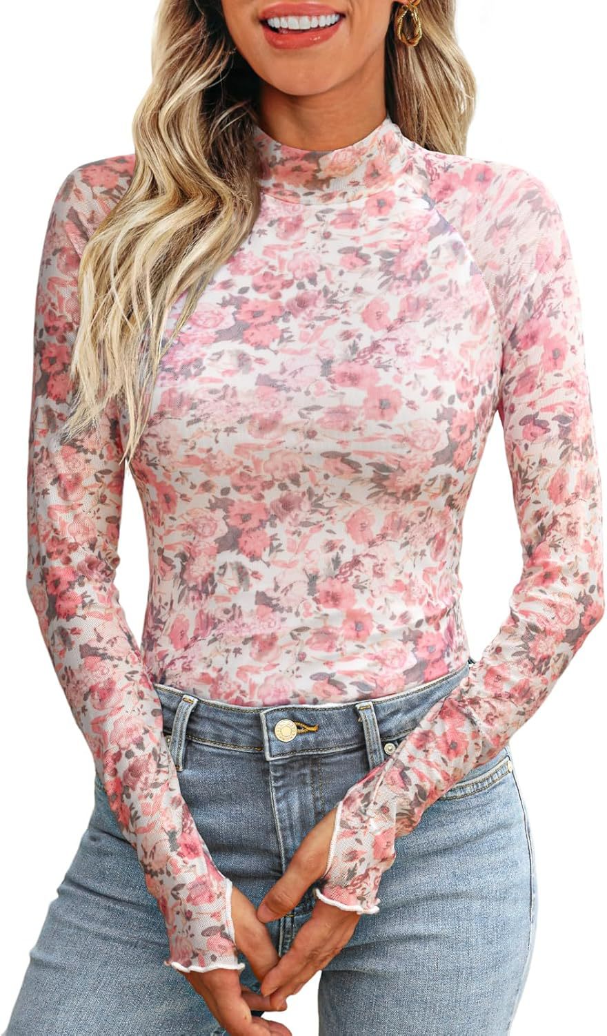 Cross-border e-commerce, Europe and America, Amazon TK2025 best-selling pullover turtleneck long-sleeved lace floral mesh base layer T-shirt for women