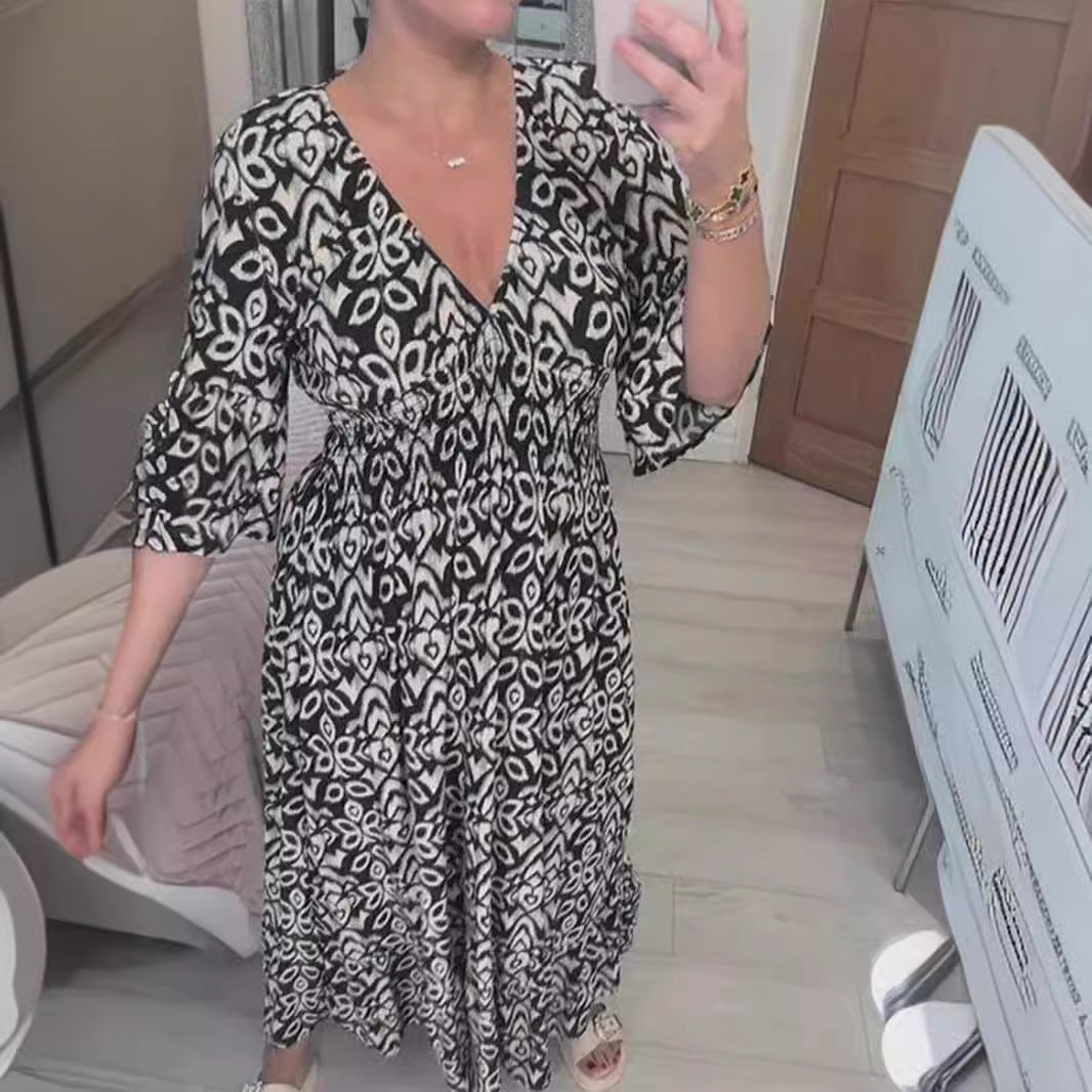 2024 Summer New Amazon Super Fairy V-neck Dress Seaside Vacation Beach Dress Printed Loose Long Dress Women