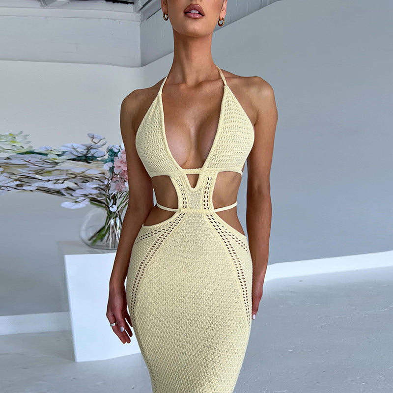 2023 European and American ins style hot selling new sexy street style pure desire halter neck wrap chest hollow lace dress female