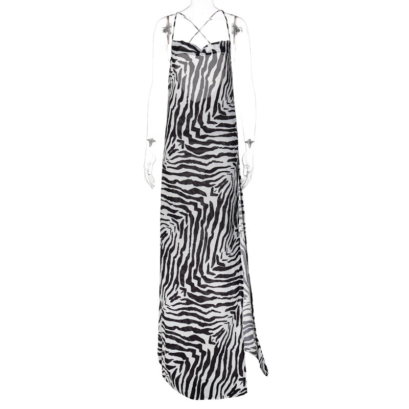 European and American style 2022 new summer fashion print sexy exposed slit suspender dress long skirt women's foreign trade wholesale