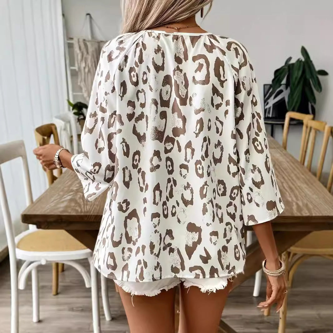 2024 European and American cross-border spring and summer women's clothing temperament commuter tops khaki leopard print large V-neck pleated three-quarter sleeve shirt