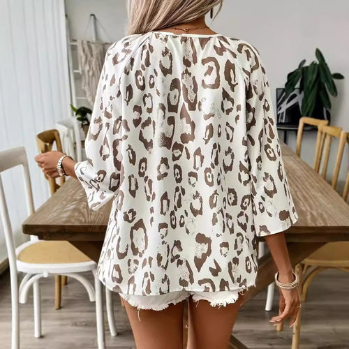 2024 European and American cross-border spring and summer women's clothing temperament commuter tops khaki leopard print large V-neck pleated three-quarter sleeve shirt