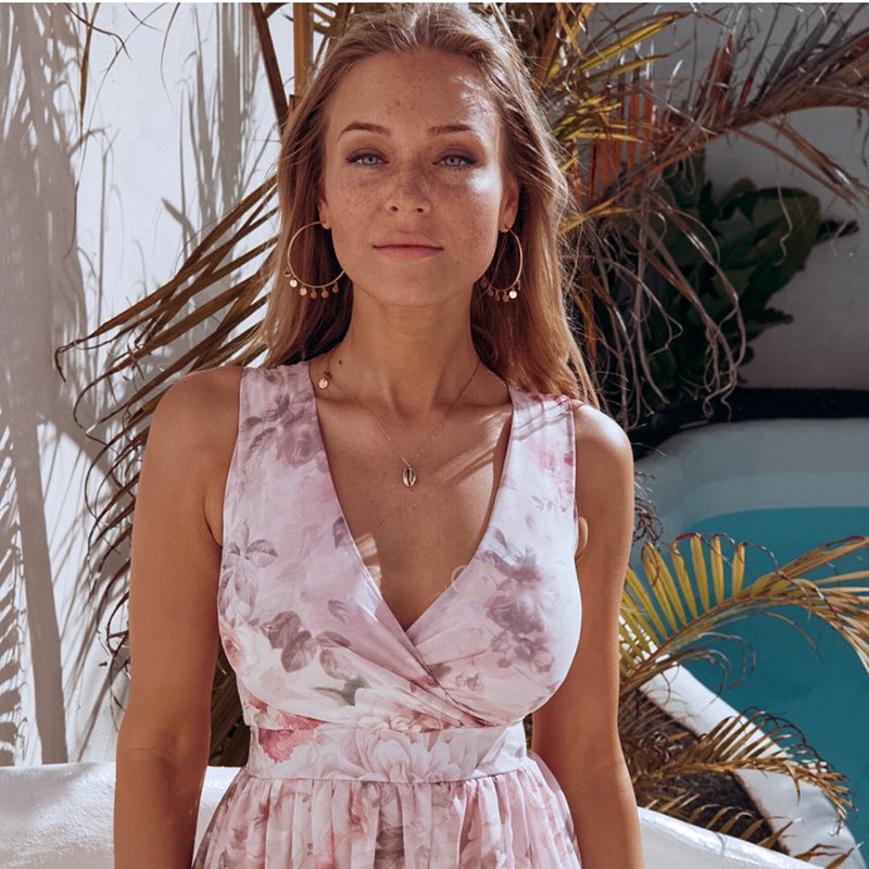 2021 cross-border new spring and summer fashion trend beach European and American printed chiffon sleeveless split V-neck dress