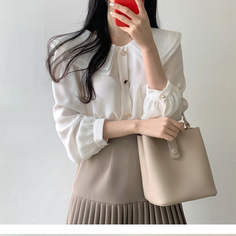 Chiffon shirt suit female spring and autumn temperament two-piece design double-layer doll collar top half-length pleated skirt