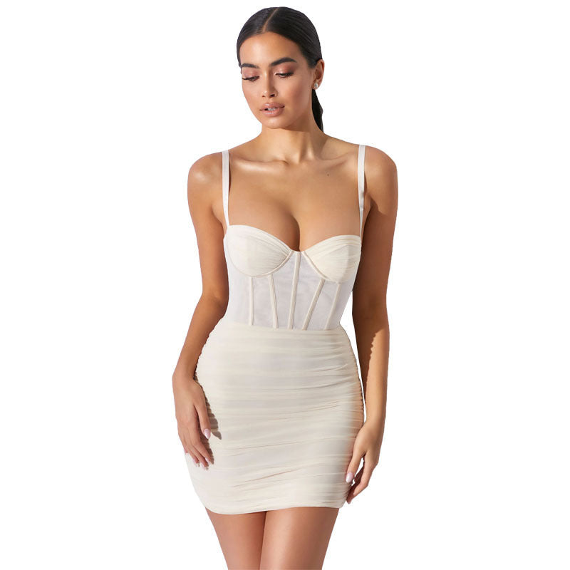 European and American women's clothing cross-border 2021 Amazon mesh pleated new backless fashion suspenders ladies dress female
