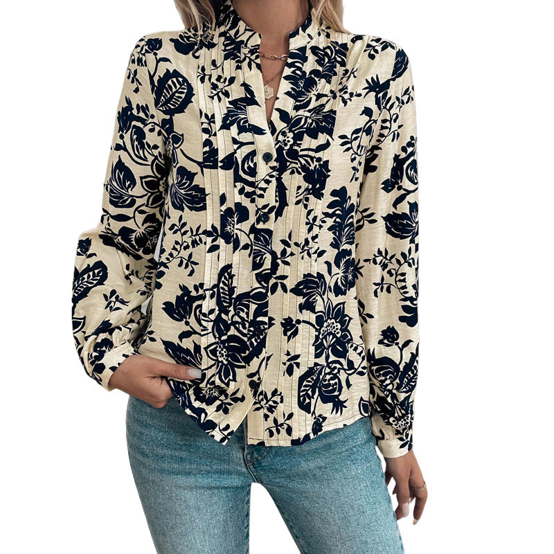 Amazon cross-border e-commerce, new autumn retro print shirt with stand collar, elegant and stylish women's shirt top.