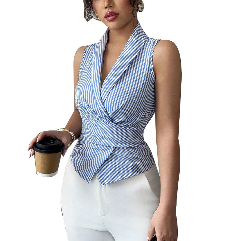 Cross-border European and American striped sleeveless shirt, 2025 summer, tie-waist slimming vest shirt, eBay foreign trade women's clothing